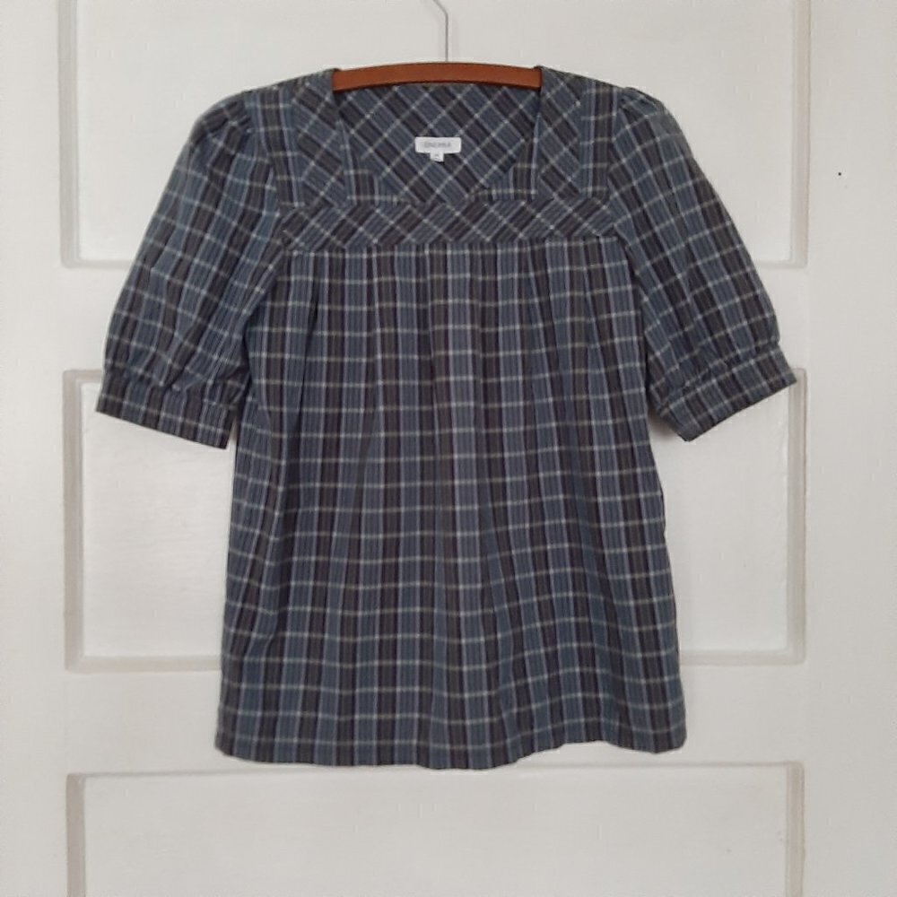 Generra Plaid Square Neck Popover Blouse Top
